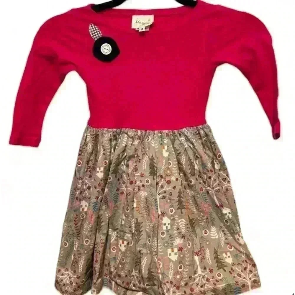 Magpie Girls' Pink  Floral Long Sleeve Knee Length Dress -Size 4